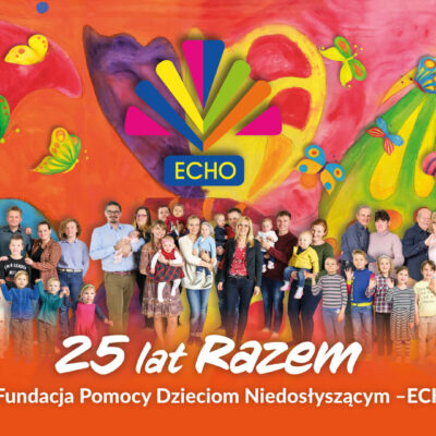 Jubileuszowy obrazek Fundacji -ECHO- kolorowy obraz podopiecznych Fundacji pod logo
